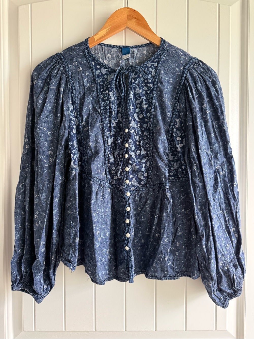 Old Navy Navy Blue Floral Mixed-Print Poet Peasant Blouse Balloon Sleeve S Boho - Picture 2 of 7